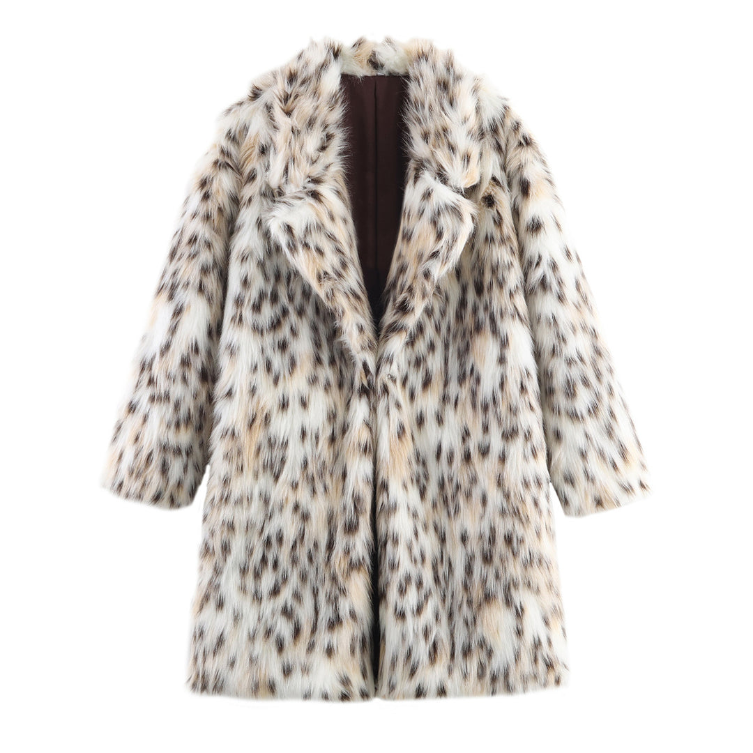 Damen Midimantel aus Kunstfell mit Leoparden‑Print, oversized Schnitt und Schalkragen Drune