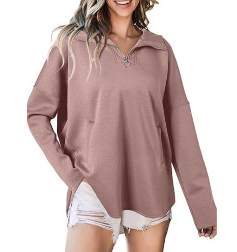 Damen lässiger Oversized Pullover mit halben Reißverschluss und Seitentaschen Drune