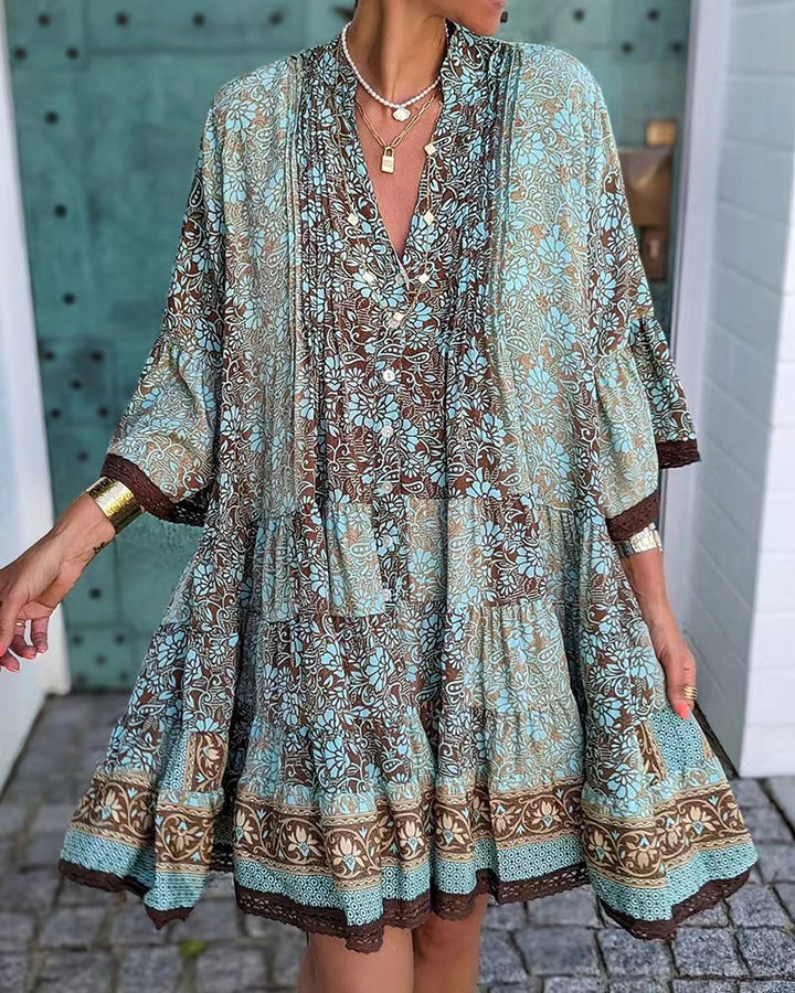 Damen nan luftiges Boho-Stufenkleid mit V-Ausschnitt weiten Fledermausärmeln und Spitzenbordüre Drune