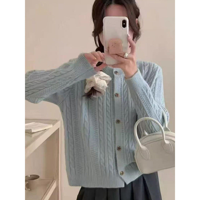 Damen elegante Strickjacke mit Zopfmuster und dekorativen Knöpfen Drune