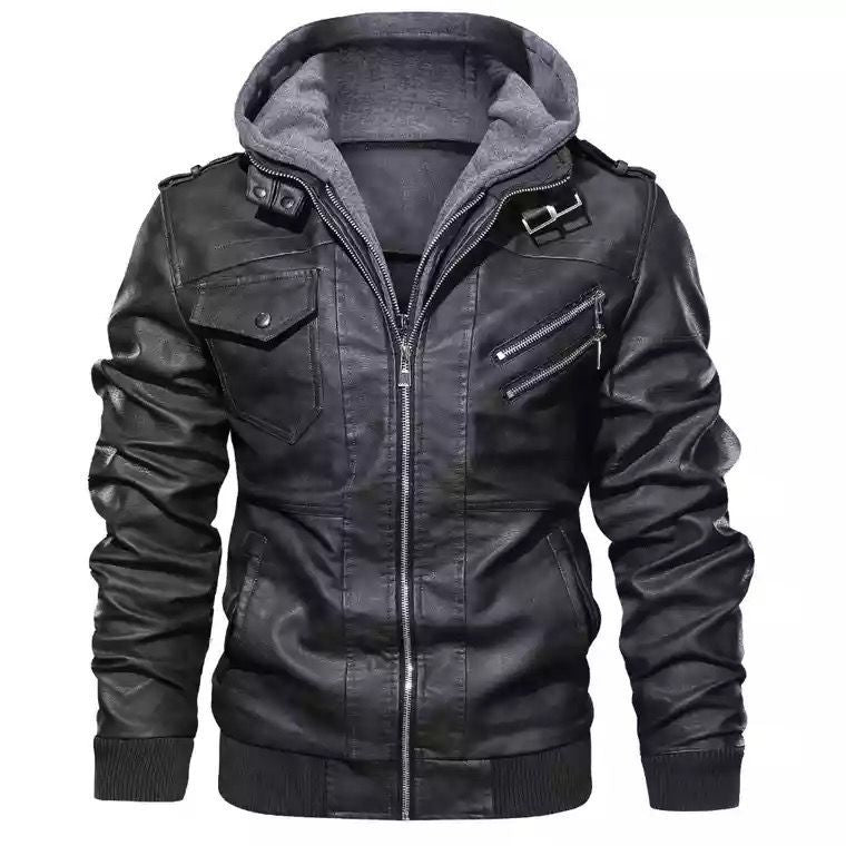 Herren Urbaner Kunstleder-Kapuzenblouson mit Teddyfutter und Multifunktionstaschen Drune