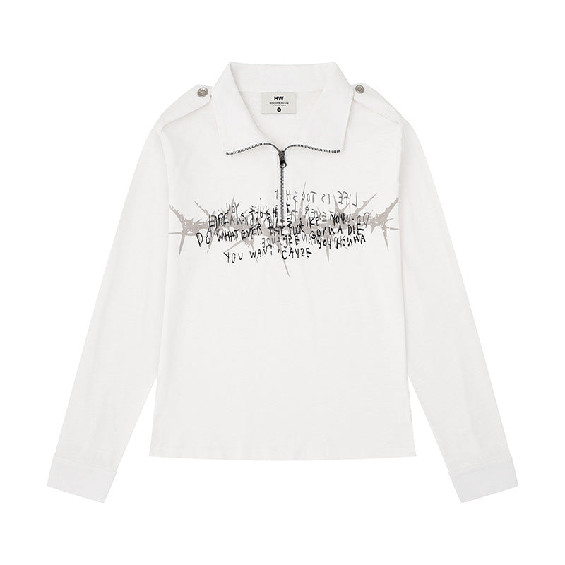 Damen Longsleeve-Poloshirt mit Kurzreißverschluss, Schulterpatten und Statement-Print Drune