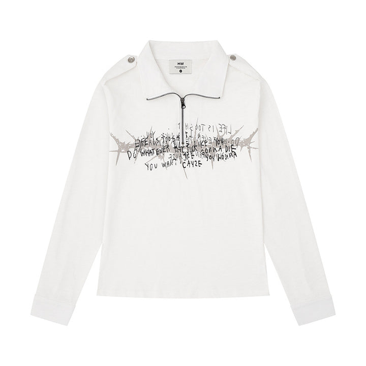 Damen Longsleeve-Poloshirt mit Kurzreißverschluss, Schulterpatten und Statement-Print Drune