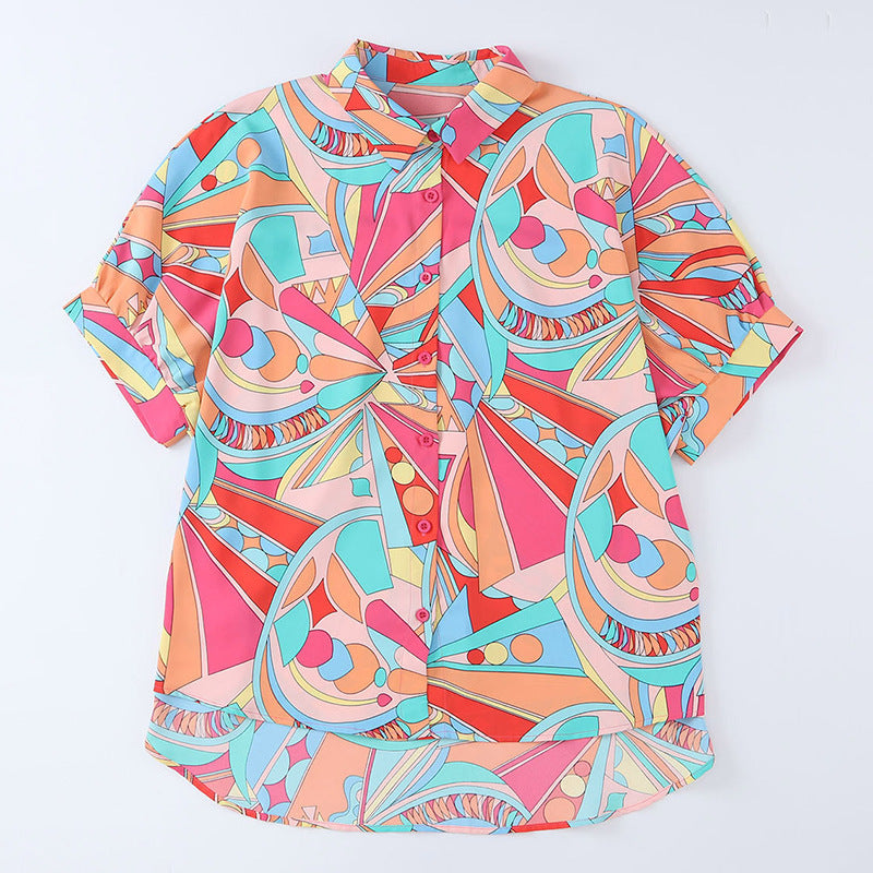 Damen farbenfrohe Bluse mit geometrischem Muster und modischer Knopfleiste Drune