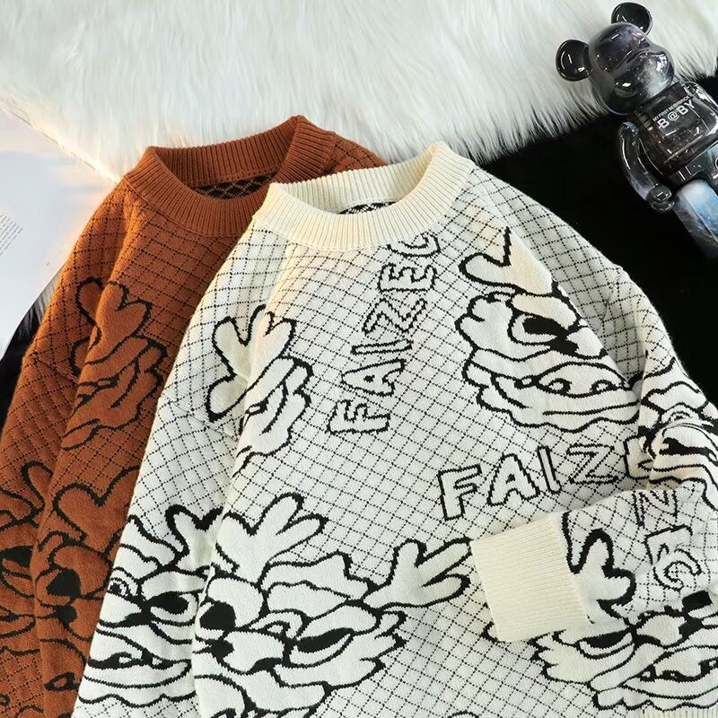 Unisex Oversized Jacquard-Strickpullover mit Allover-Motiv und Rippbündchen Drune