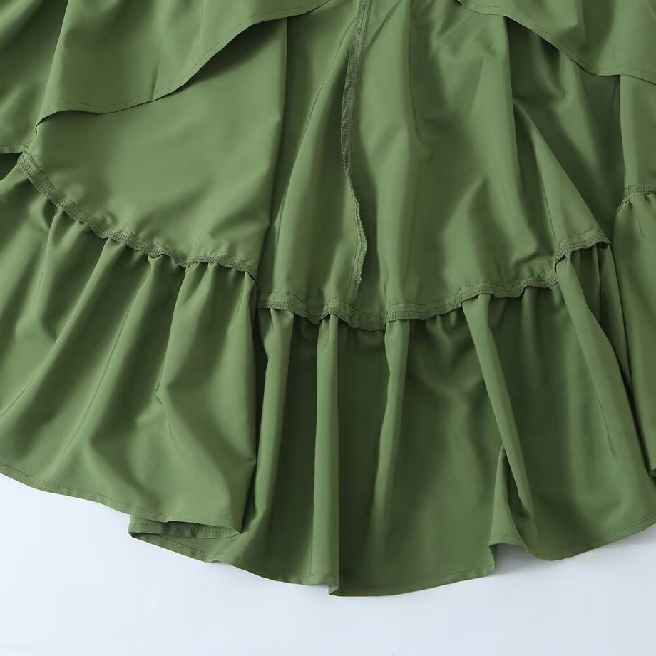 Damen Fließendes Maxikleid mit Ballonärmeln, Rüschendetails und Stehkragen Drune