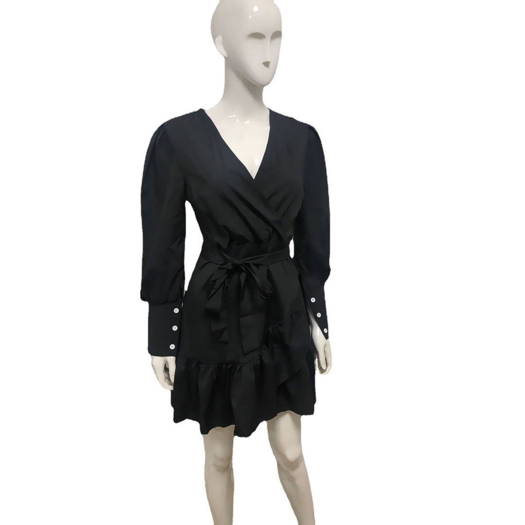 Damen Wickel‑Minikleid mit Balloonärmeln, Taillengürtel & Ziermanschetten Drune