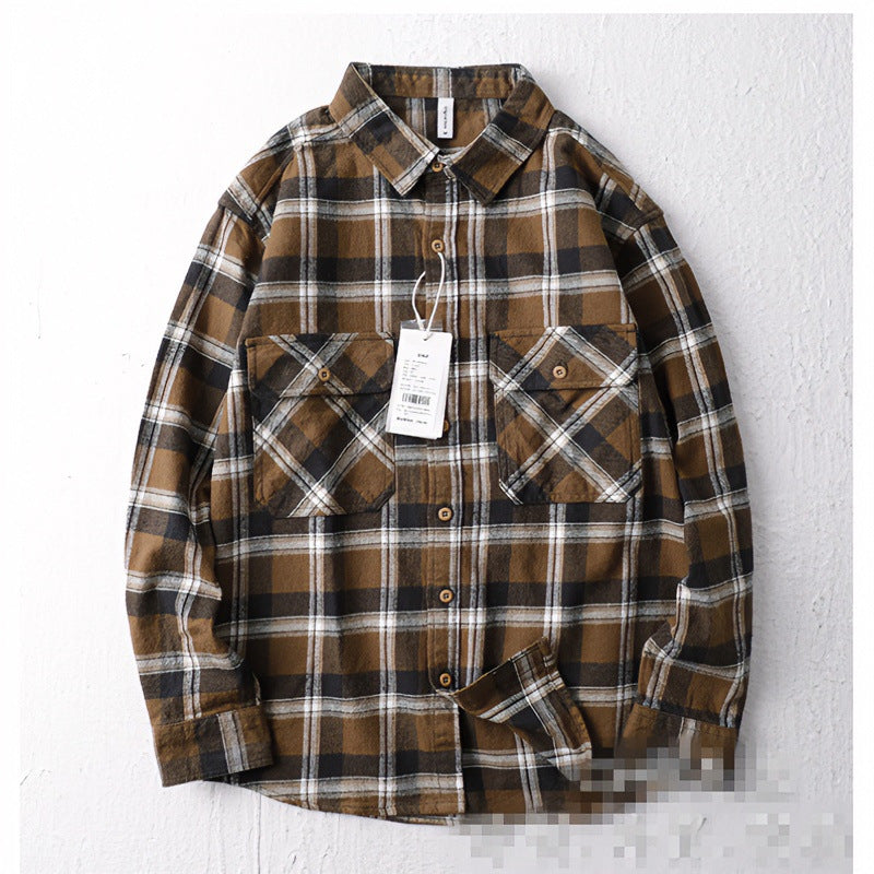 Herren Oversize Kariertes Flanell-Hemdjacke mit aufgesetzten Pattentaschen Drune