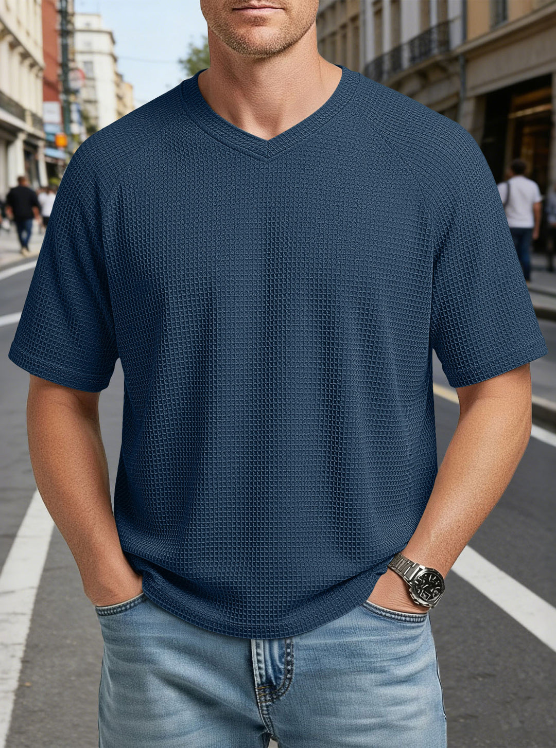 Herren nan lässiges V-Ausschnitt Waffelstrick-T-Shirt aus atmungsaktivem Baumwollmix Drune