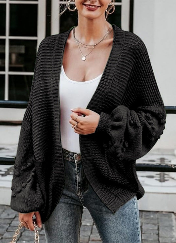 Damen Grobstrick-Cardigan mit voluminösen Puffärmeln und strukturierter Oberfläche Drune