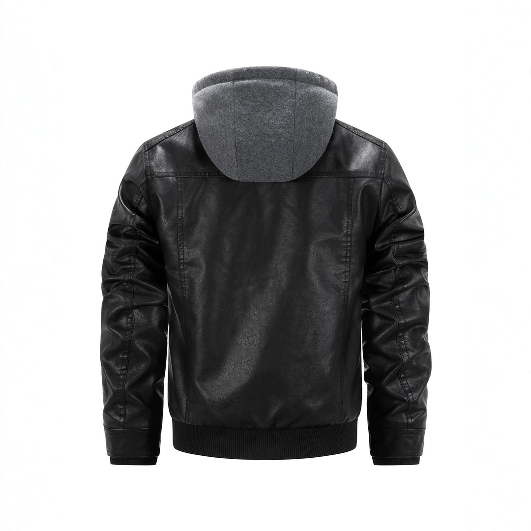 Herren Kunstleder-Bikerjacke mit abnehmbarer Kapuzenblende und gesteppter Seitenpartie Drune
