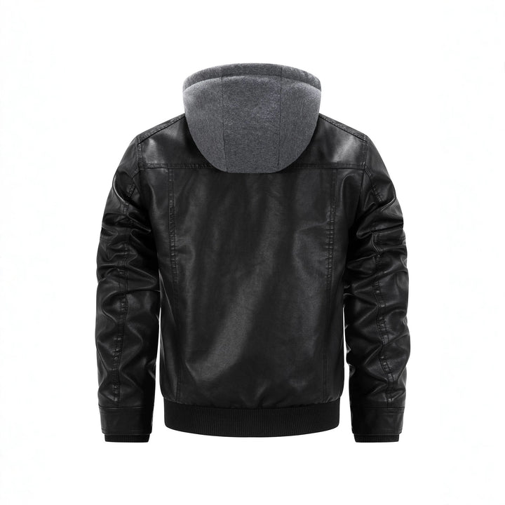 Herren Kunstleder-Bikerjacke mit abnehmbarer Kapuzenblende und gesteppter Seitenpartie Drune