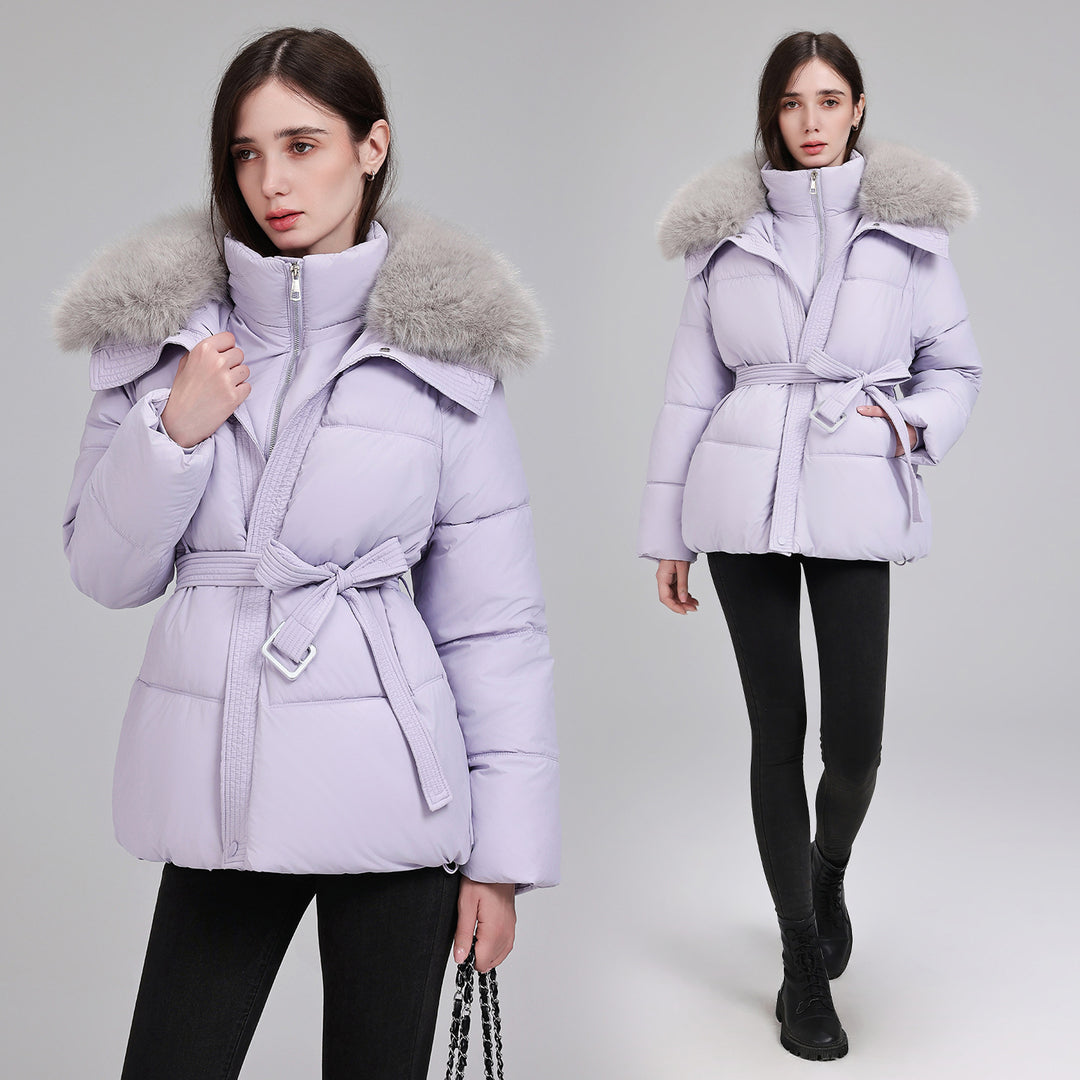 Damen Taillierter Pufferparka mit Wickelgürtel, hohem Stehkragen und voluminösem Fellkragen Drune