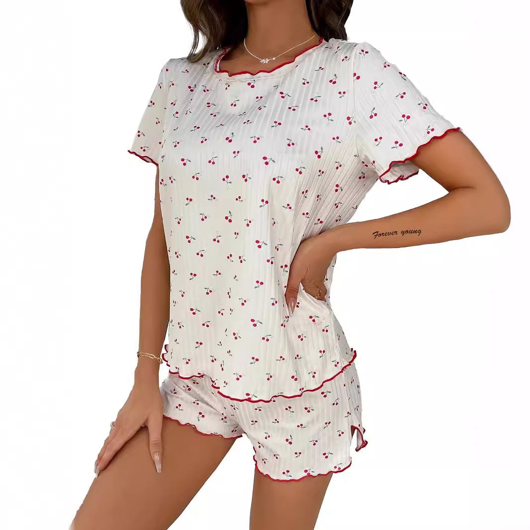 Damen Schlafanzug Set mit elegantem Spitzendetail und fröhlichem Kirschmuster Drune