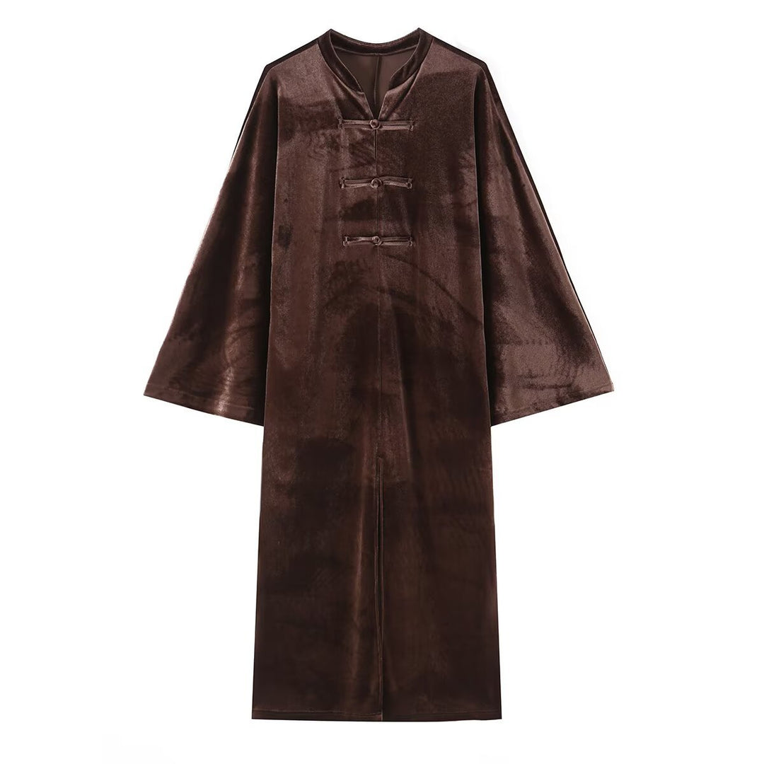 Damen Langer Samt-Mantel im Kimono‑Stil mit Mandarin‑Kragen und Knotenverschlüssen Drune