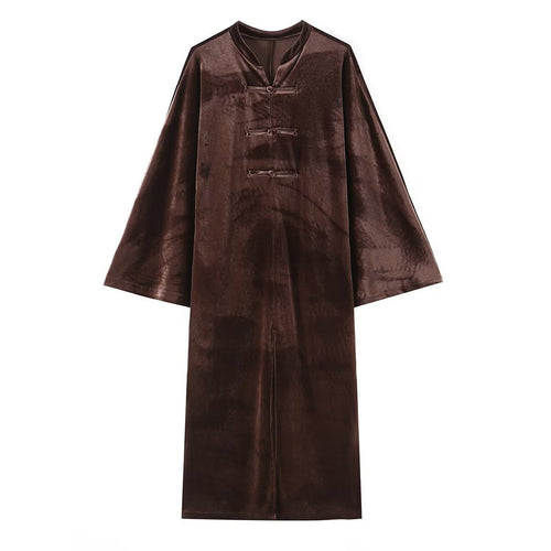 Damen Langer Samt-Mantel im Kimono‑Stil mit Mandarin‑Kragen und Knotenverschlüssen Drune