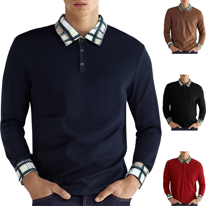 Herren nan figurbetontes Langarm-Poloshirt mit karierter Kragen- und Manschettenbesatz Drune