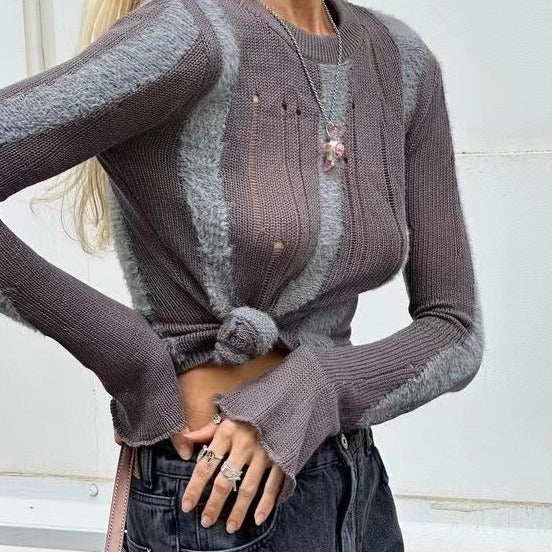 Damen modisches Strickoberteil mit elegantem Knoten und schmalen Ärmeln Drune