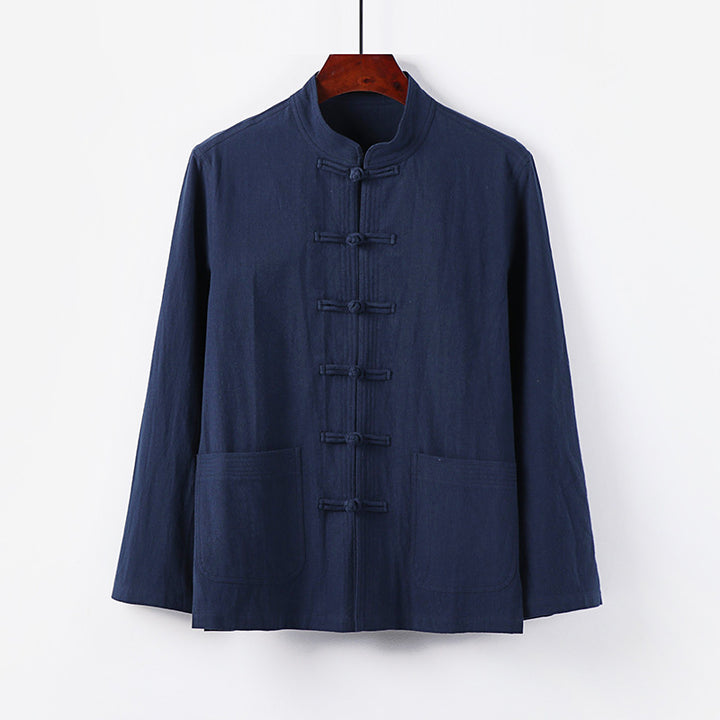 Herren traditionelle Tang-Jacke mit Stehkragen und Knotenknöpfen aus Leinenmischung Drune