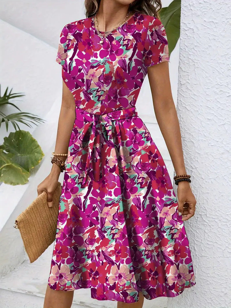 Damen Elegantes Midikleid mit floralem Design und Taillengürtel Drune