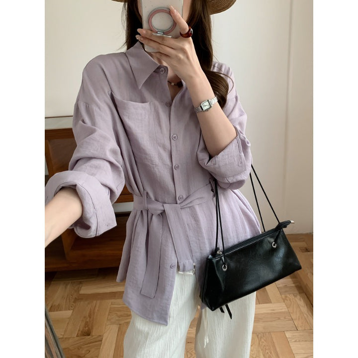 Damen Weit geschnittene Leinen‑Hemdbluse mit Taillengürtel und Brusttasche Drune