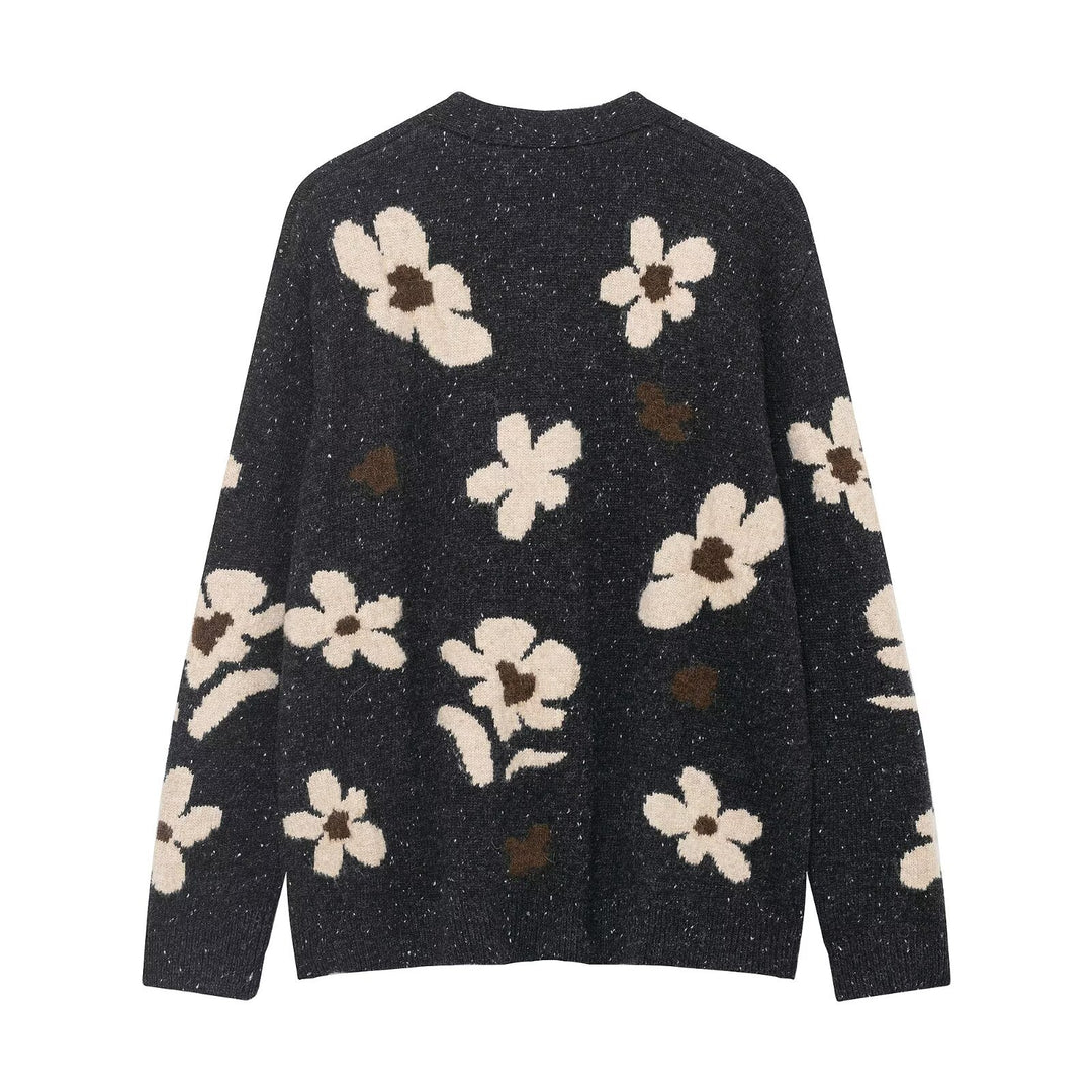 Damen Kurze Strickjacke mit Leopardenmuster und Perlenblütenknöpfen Drune
