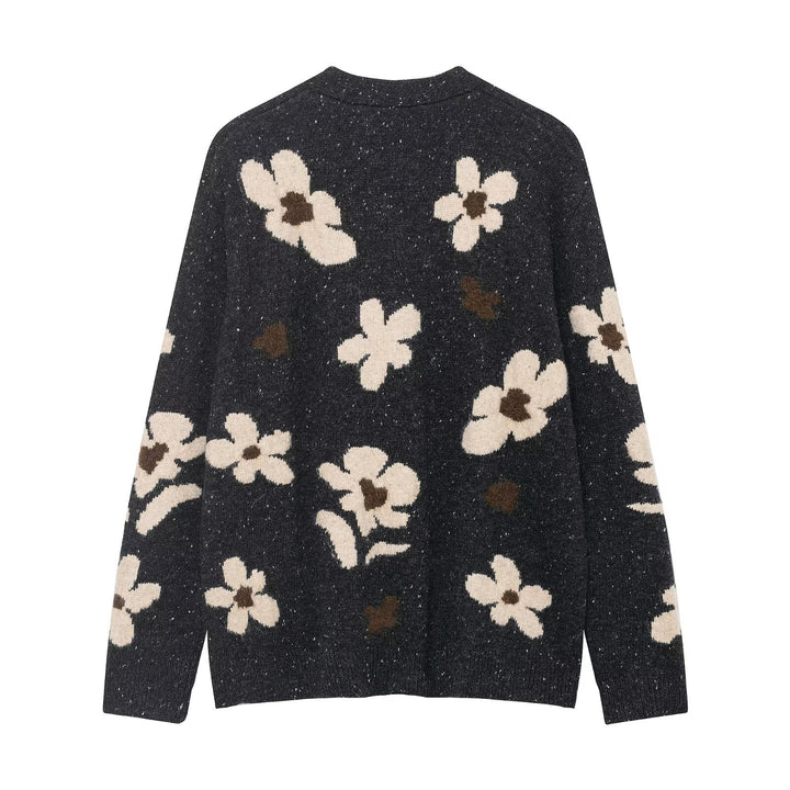 Damen Kurze Strickjacke mit Leopardenmuster und Perlenblütenknöpfen Drune