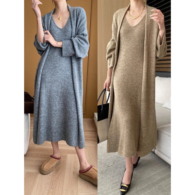 Damen gestricktes Maxikleid mit V-Ausschnitt und lässiger Jacke Drune