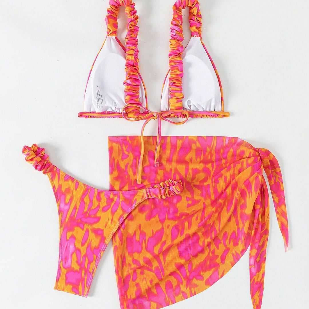 Damen Triangel-Bikini-Set mit Rüschendetails und trendiger Wickel-Tunika Drune