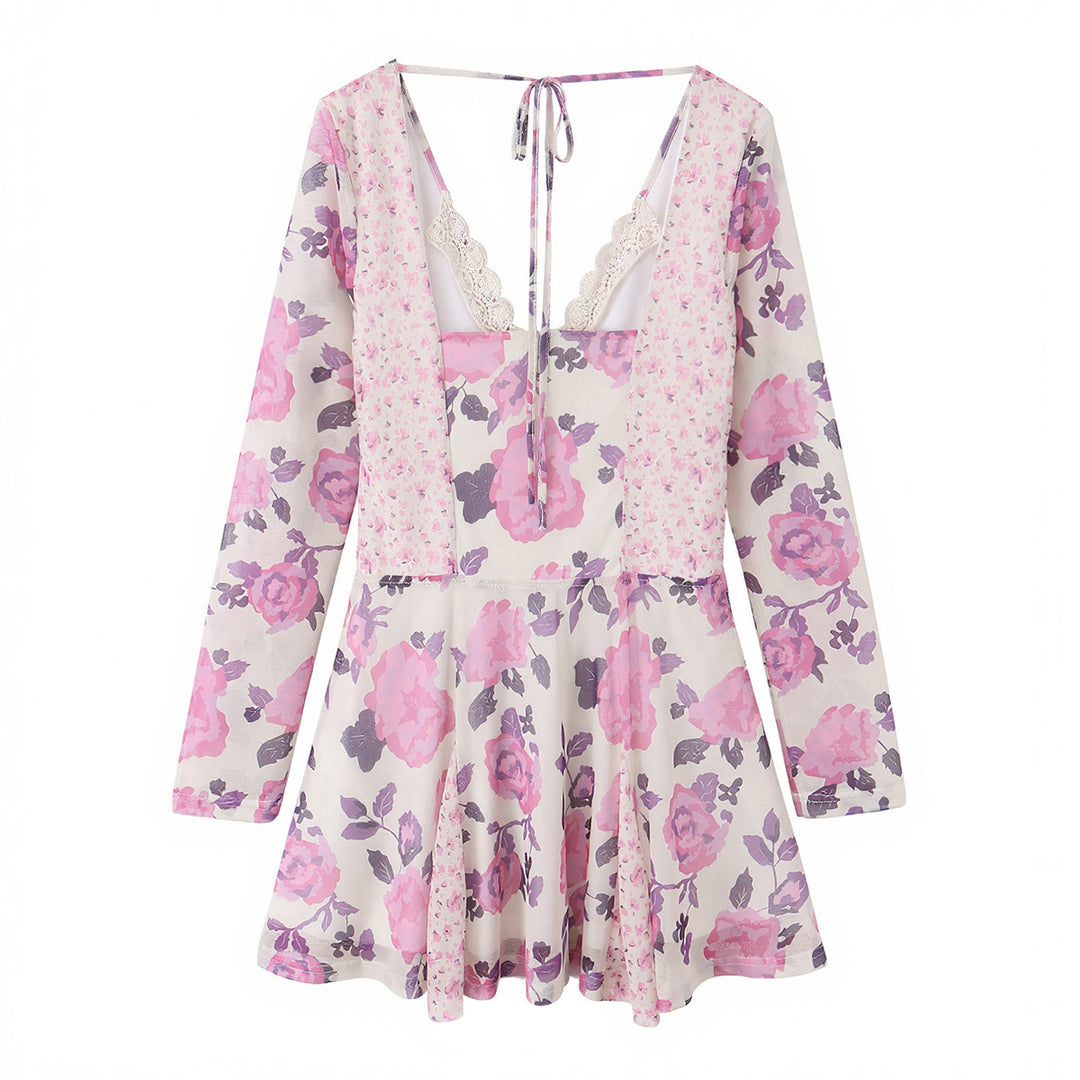 Damen nan florales Skaterkleid mit tiefem V-Ausschnitt, Bindeband‑Detail und Spitzenbesatz Drune