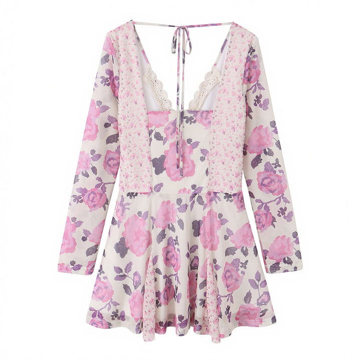 Damen nan florales Skaterkleid mit tiefem V-Ausschnitt, Bindeband‑Detail und Spitzenbesatz Drune