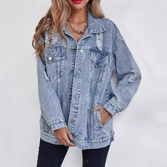 Damen Oversized Denimjacke mit modischen Ripped-Details Drune