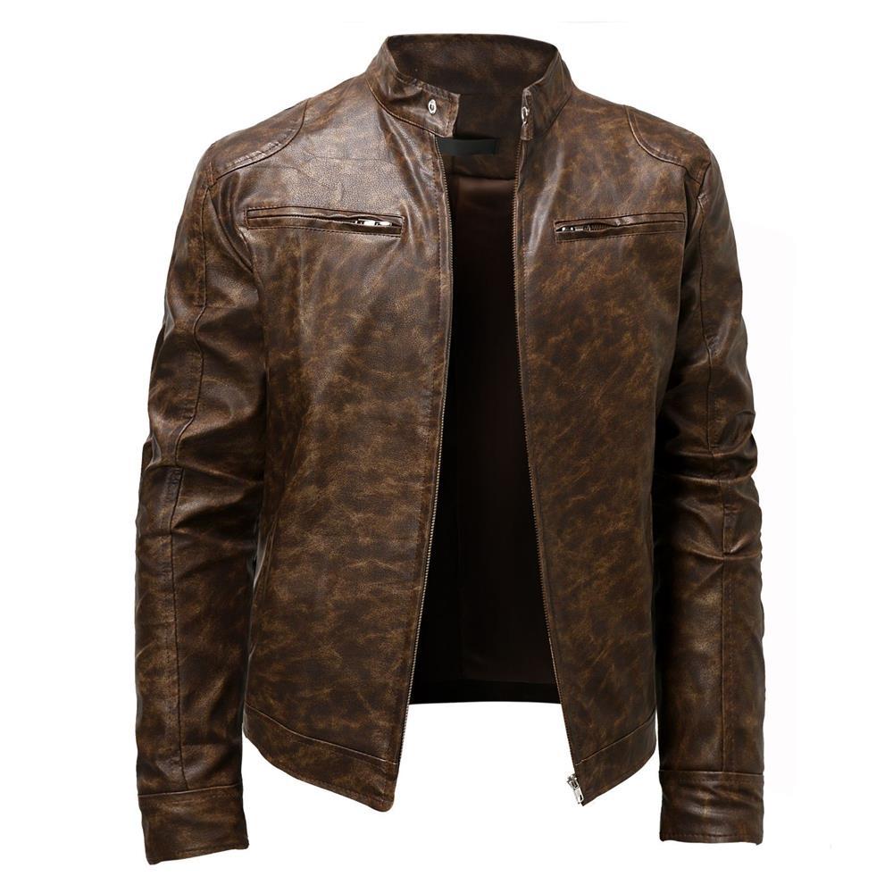 Herren Lederjacke im Vintage‑Look mit Stehkragen und Reißverschluss-Details Drune