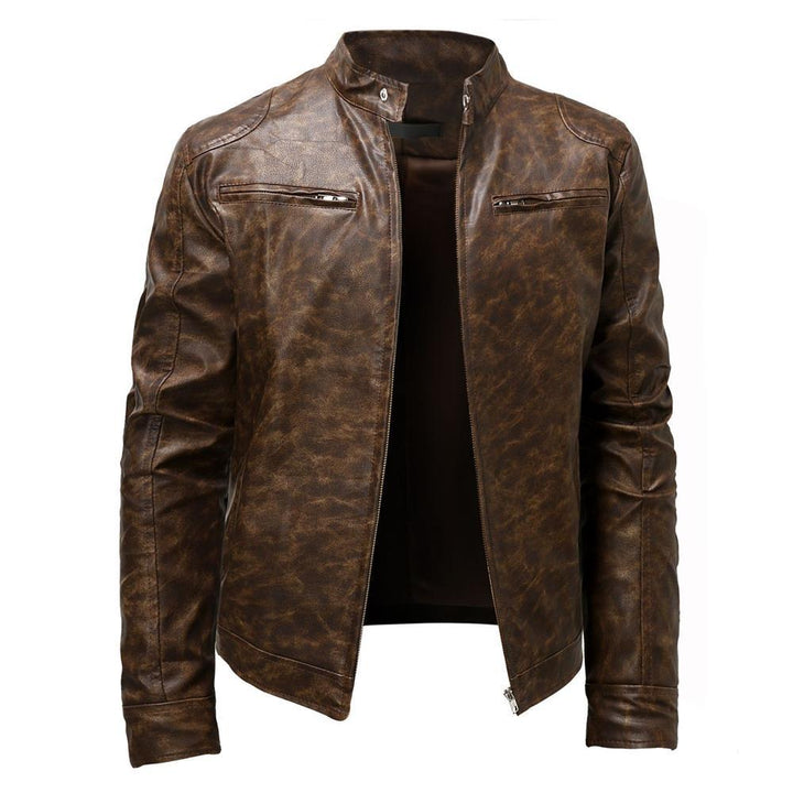 Herren Lederjacke im Vintage‑Look mit Stehkragen und Reißverschluss-Details Drune