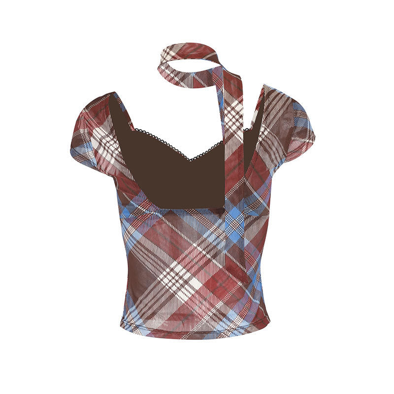 Damen Elegantes Karomuster-Bluse mit verstellbarem Bindegürtel und Spitzenakzenten Drune