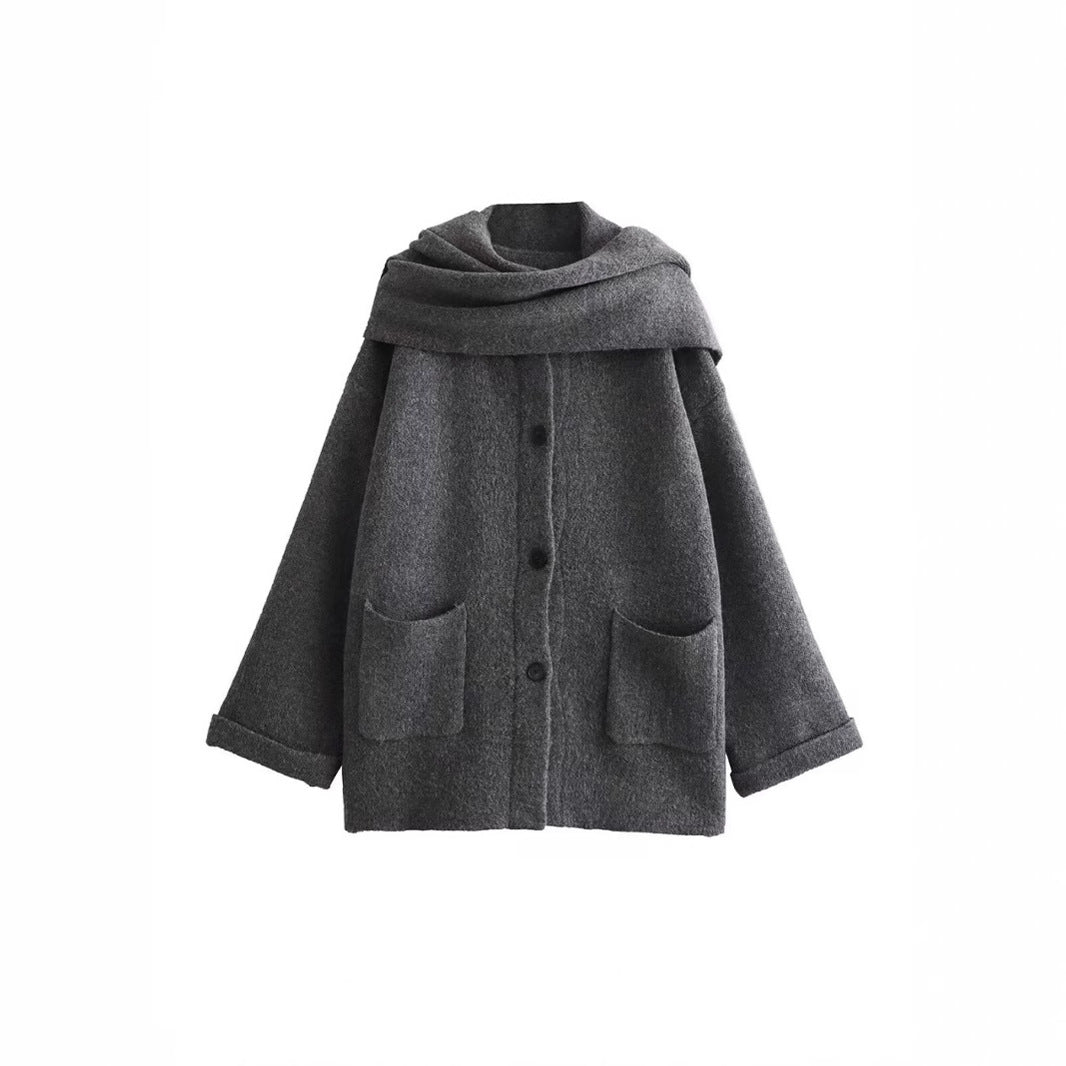 Damen elegante Oversize-Jacke aus warmer Wolle mit Taschen Drune