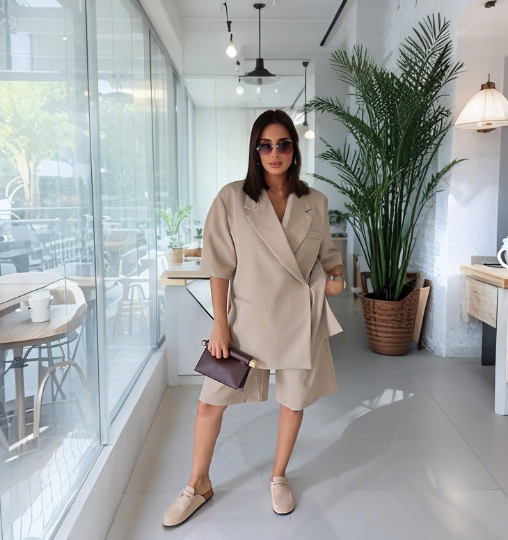 Damen lässiges hochwertiges Oversized Set mit Kurzärmeljacke und Shorts Drune