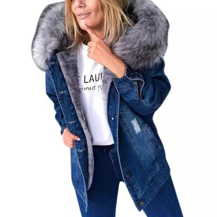 Damen Oversize Denim-Parka mit abnehmbarem Kunstpelzkragen und Used-Effekt Drune