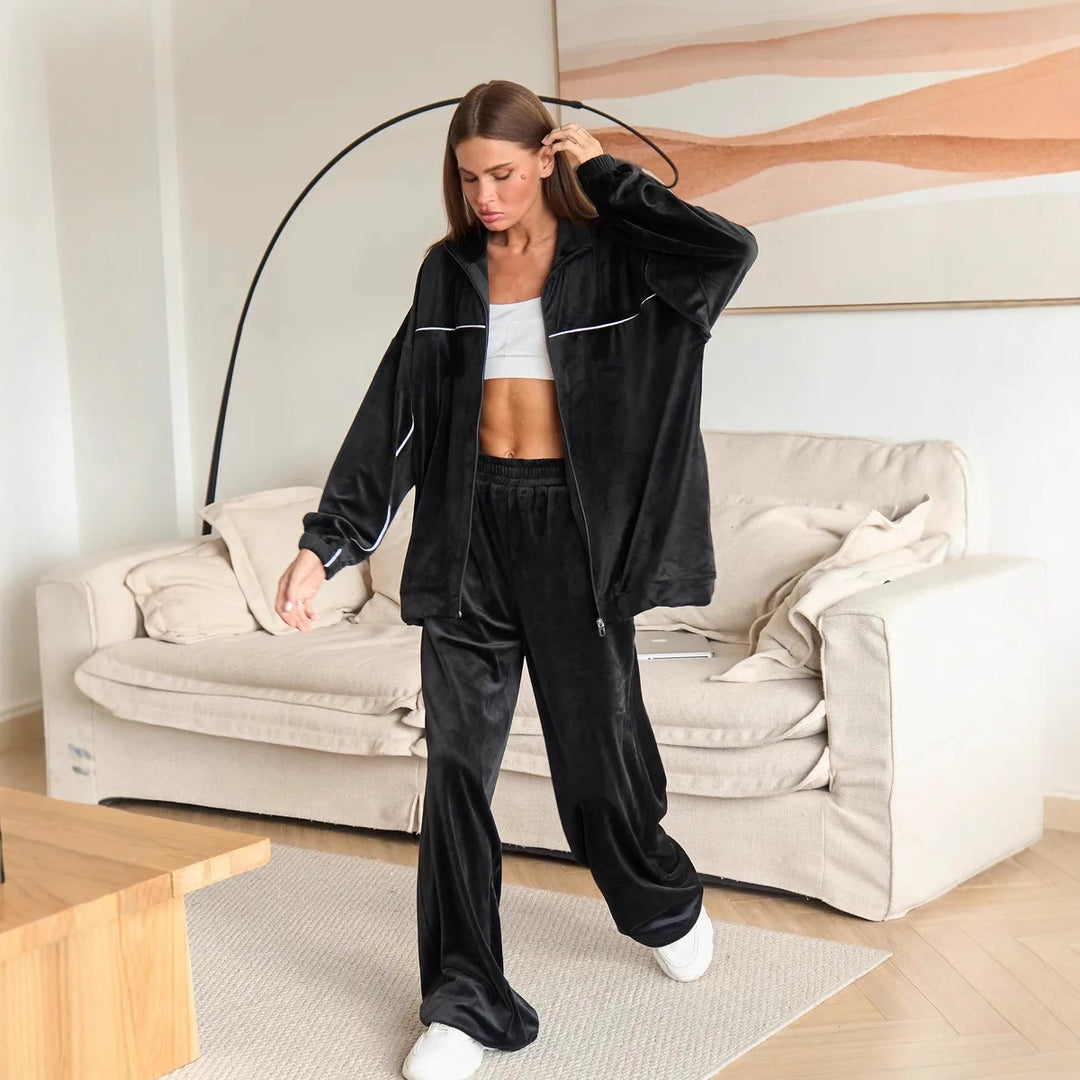 Damen Palazzo-Lounge-Set aus seidig-weichem Nicki mit hoher Kragenblende, Oversize-Passform und elastischer Bundhose Drune