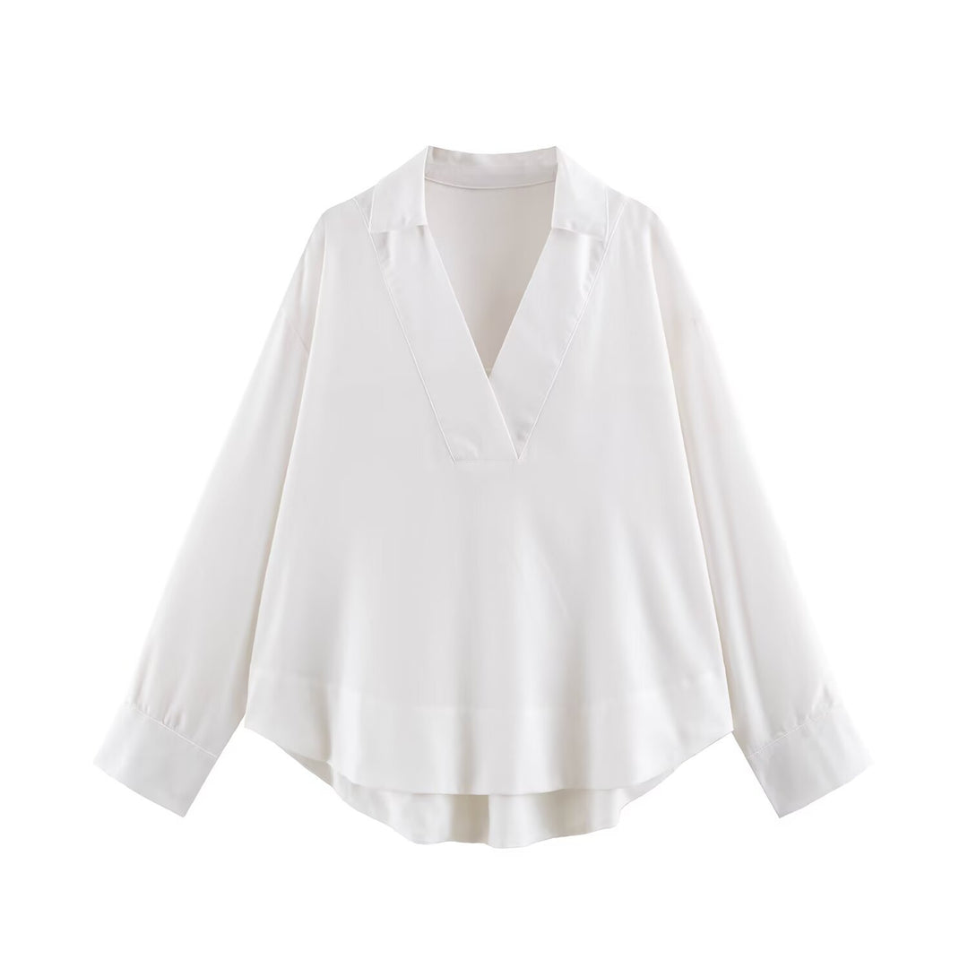 Damen Oversize Leinen-Mix Bluse mit tiefem V-Ausschnitt und Hemdkragen Drune