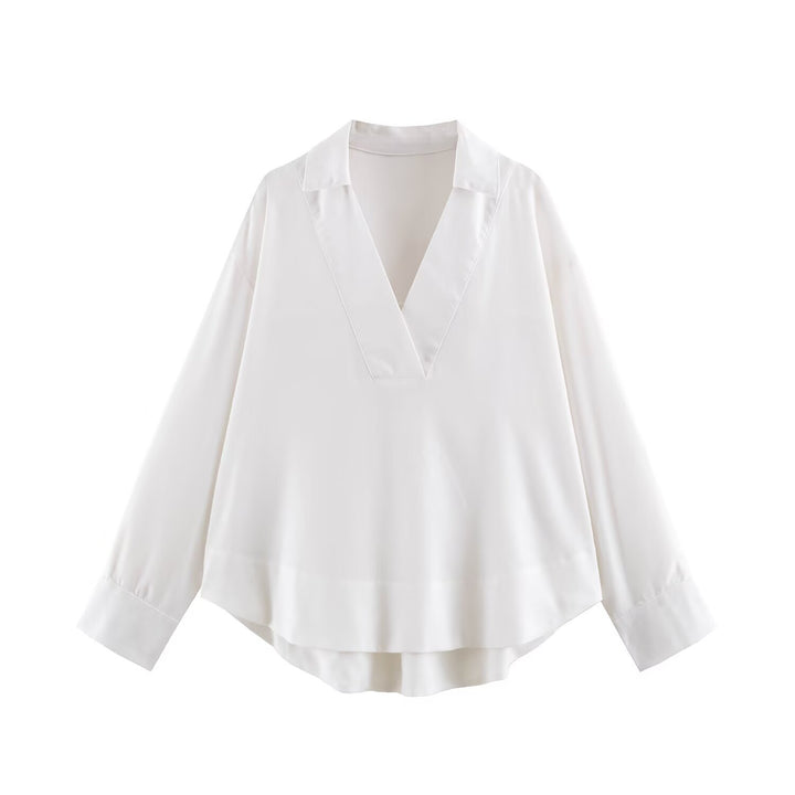 Damen Oversize Leinen-Mix Bluse mit tiefem V-Ausschnitt und Hemdkragen Drune