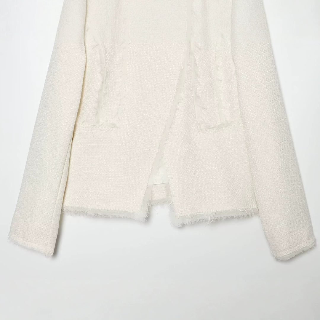 Damen Bouclé-Shortjacke mit Fransenbesatz und asymmetrischem Ein-Knopf-Verschluss Drune