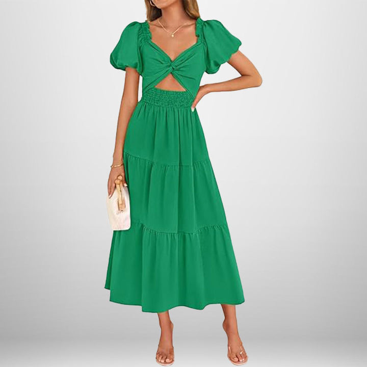 Damen Midi-Kleid mit floralem Twist und elastischem Taillengummi Drune