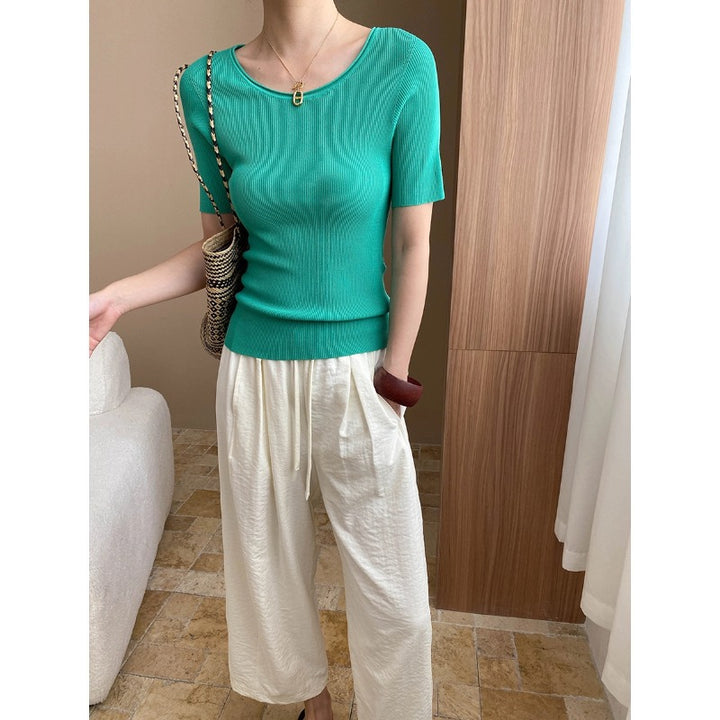 Damen figurbetontes Rippenshirt mit Rundhalsausschnitt Drune