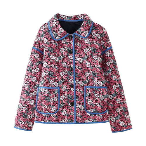 Damen nan gesteppte Kurzjacke mit floralem Microprint, Rundkragen, kontrastpaspel und aufgesetzten Taschen Drune