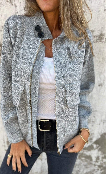 Damen weiche Strickjacke mit wärmeisolierendem Kragen und aufgesetzten Taschen Drune
