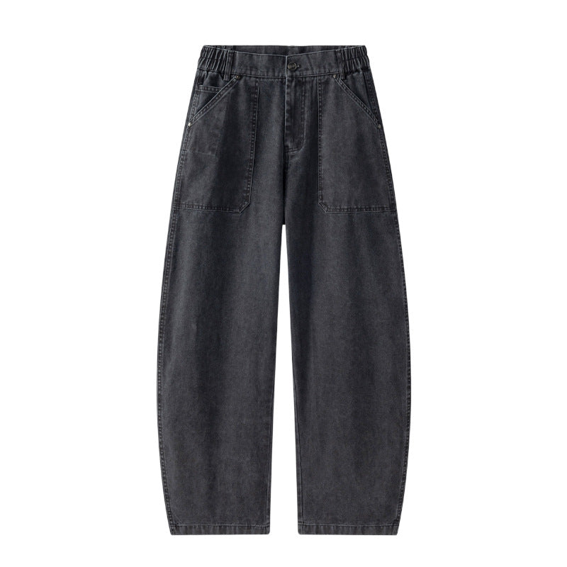 Damen Utility-Denimhose mit hoher Taille, extra weitem Bein und aufgesetzten Taschen Drune