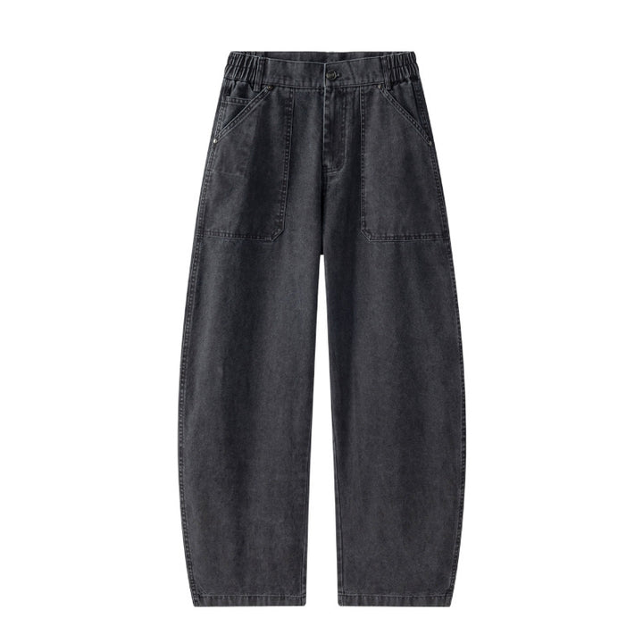 Damen Utility-Denimhose mit hoher Taille, extra weitem Bein und aufgesetzten Taschen Drune