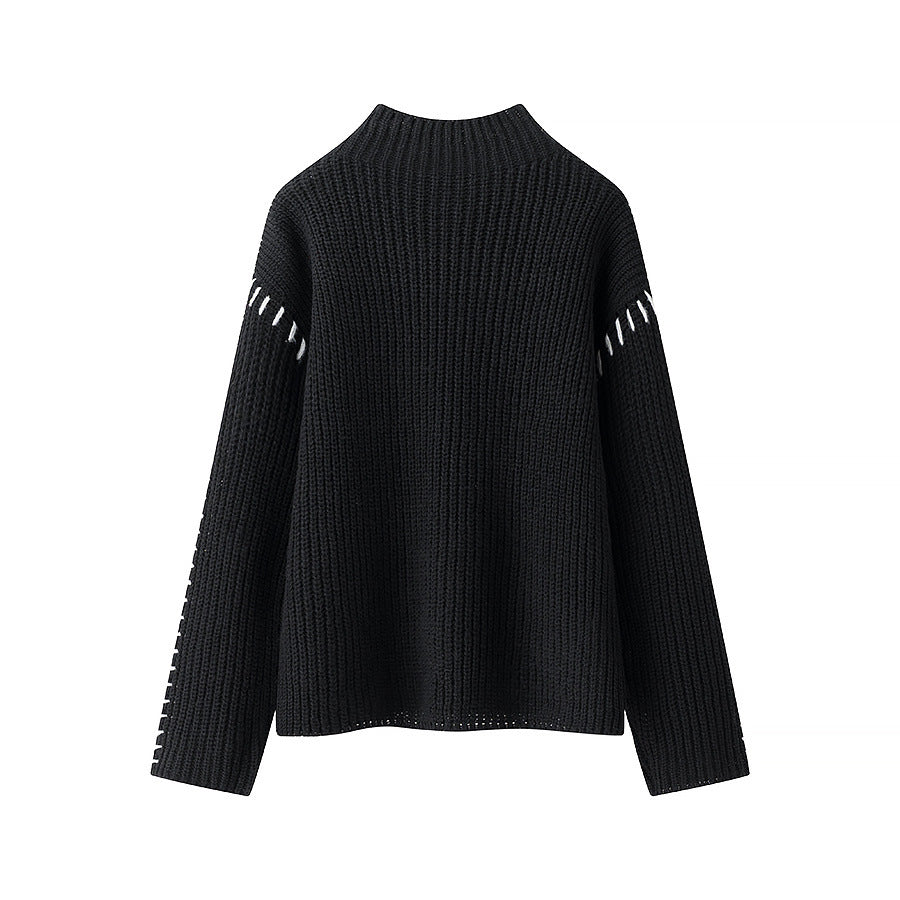 Damen nan grober Strickpullover mit Stehkragen, oversized Schnitt und dekorativer Seitenstich-Ärmelnaht Drune