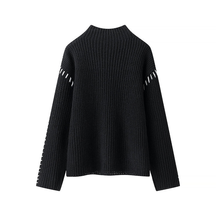 Damen nan grober Strickpullover mit Stehkragen, oversized Schnitt und dekorativer Seitenstich-Ärmelnaht Drune